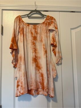 Off-Shoulder Tie-Dye Bell Sleeve Tunic Top - Orangean